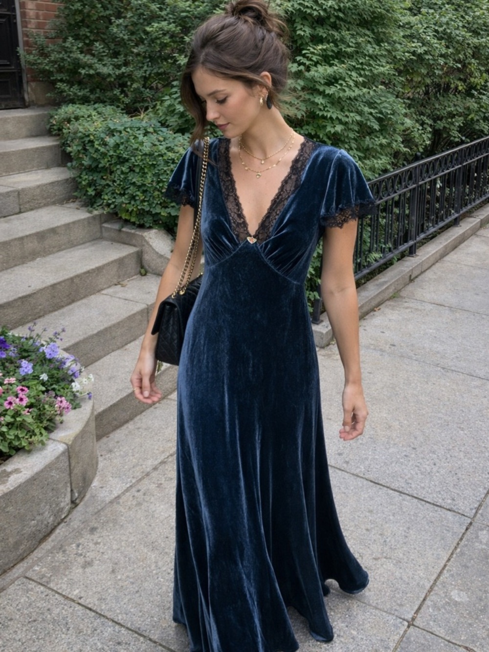 RIXO Clarice Silk Velvet Dress with Black Lace Trim